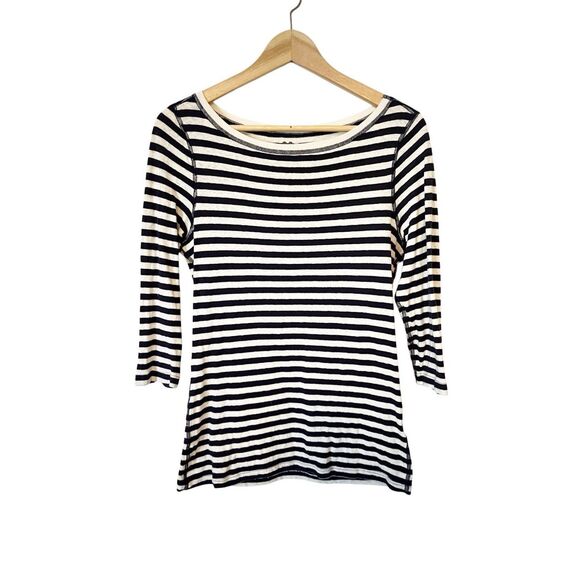 Three Dots Navy Blue White Stripe Cotton‎ Blend 3/4 Sleeve Shirt Size Large - Picture 1 of 5